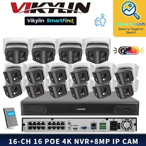 VIKYLIN SmartFind 16POE 16CH NVR Kit 180view Dual Light Color 8MP IP Camera Lot