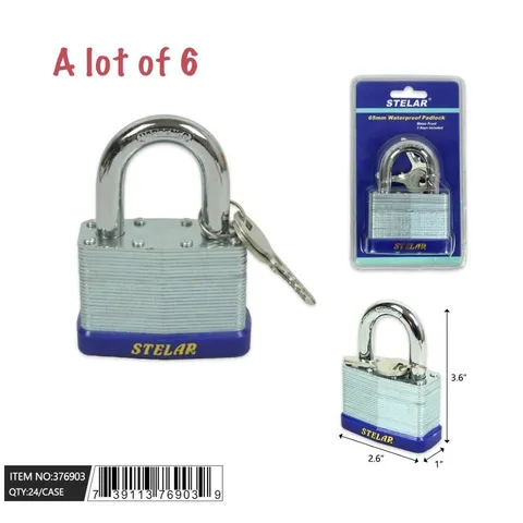 A lot Of 6  65mm Padlock Laminated Waterproof padlock 2 Keys Gate Garage 6 Locks
