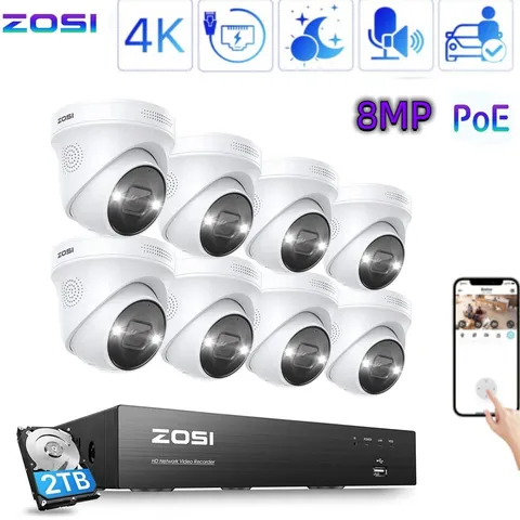 ZOSI IP66 8CH NVR 5MP PoE Security Camera System Home CCTV Surveillance  2T