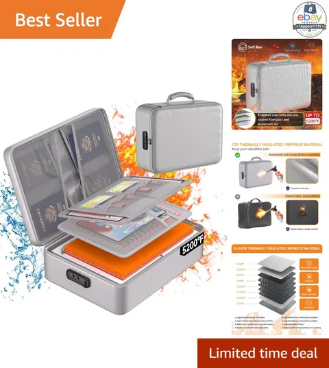 Fireproof Document Organizer Box 5200°F Soft Silver Heat Insulated Portable