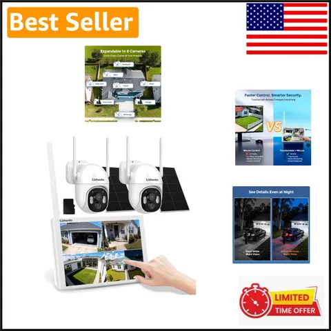 4MP Solar Wireless Security Camera Kit with Touch Monitor & Color Night Vision