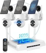 OHWOAI 4MP Solar Wireless Security Camera System PTZ 360 3 Cameras+256GB
