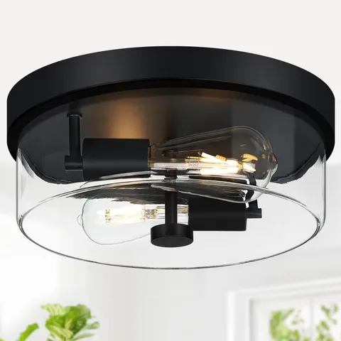 szzgco Flush Mount Ceiling Light Fixtures, 2-Light Matte Black (Clear Glass)