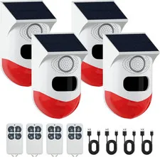 129dB Solar Motion Sensor Alarm - Waterproof Security Siren Light (4 Pack)