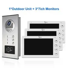 ANJIELO 7" Wired Video Intercom 3-Unit Apartment Door Phone RFID Unlock