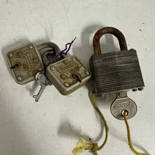 Vintage Set of 3 Padlocks - 2 Small Master Lock # 44 5-P / 5-D & Action w/ Key