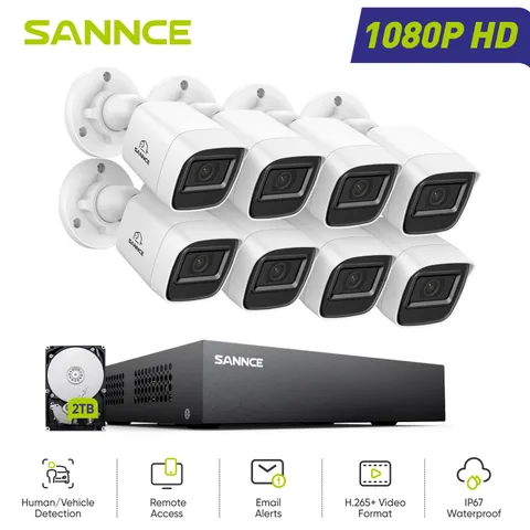 SANNCE 8CH DVR 1080P Video CCTV Security Camera System Outdoor AI Detection IP67
