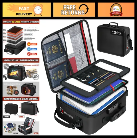 Fireproof Document Bag with Lock - 5200°F Heat Resistant, Multi-Layer Organizer,
