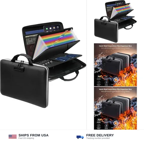 Fireproof Document Box,Hard Case Fireproof File Organizer with Lock 13 Pocket...