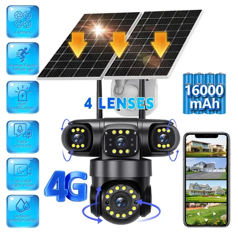 4 Lens 360° Solar Security Camera 4G Battery Home Outdoor Night Vision Camera