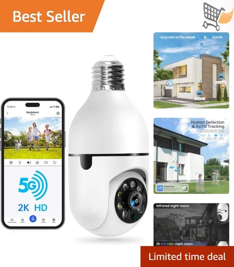 Wireless Outdoor Security Camera Light Bulb 2K WiFi Motion Detection Night Vi...