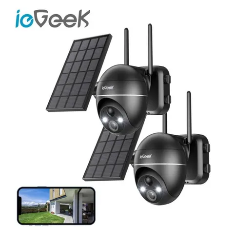 2K Solar Security Cameras 2 Pack, 360° PTZ with Night Vision Spotlight & Siren