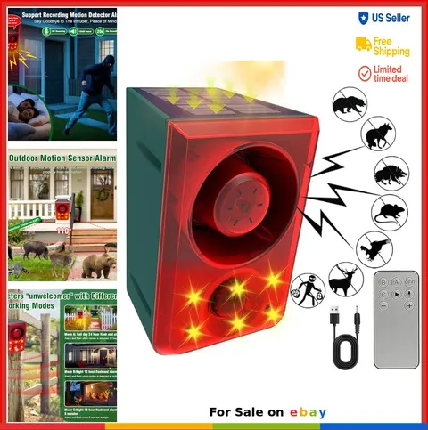 Solar Motion Sensor Alarm 130dB Outdoor Dog Barking Gunshot Sound Strobe Light