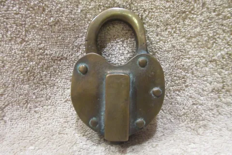Vintage Brass Padlock Lock No Key -Stamped Order Dept Cola -Broken -Heart Shaped
