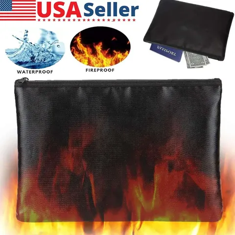 2000℉ Fire Proof money Bag Fireproof Document Pouch Waterproof Safe Cash Black