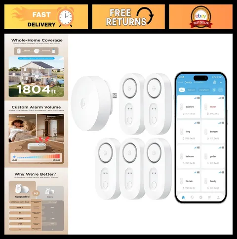 Smart Water Leak Detector 5-Pack, WiFi Sensor with SMS/Email Alerts, 1804 ft Ran