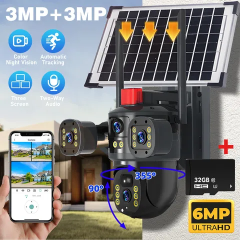 3 Lens Camera Outdoor WIFI Smart Home 6MP Wireless IP Solar Camera V380Pro USA