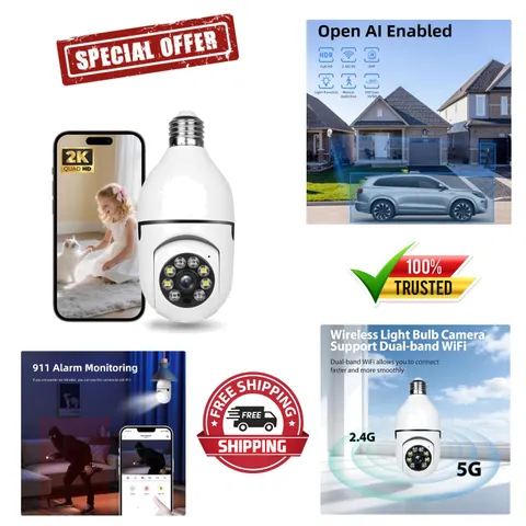 Indoor/Outdoor 2K Security Bulb Camera - Two-Way Audio & Emergency 911 Alerts