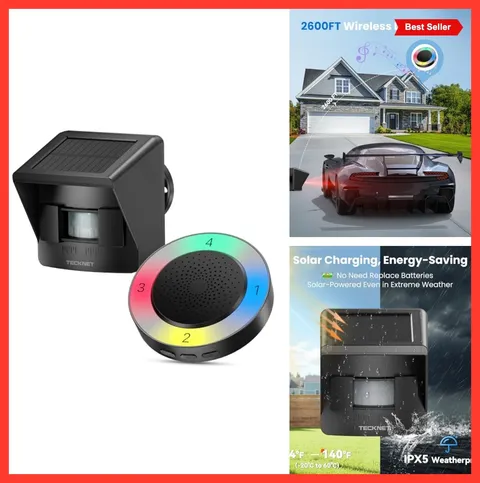 Solar Powered Driveway Alarm Wireless Motion Detector RGB Sensor IPX5
