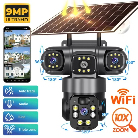 9MP Triple Lens Camera Solar Powered WIFI CCTV Security Camera Night Vision PTZ