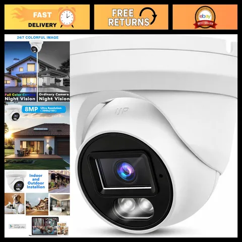 4K 8MP PoE IP Turret Camera - Outdoor, Full Color Night Vision, 105° Wide Angle,