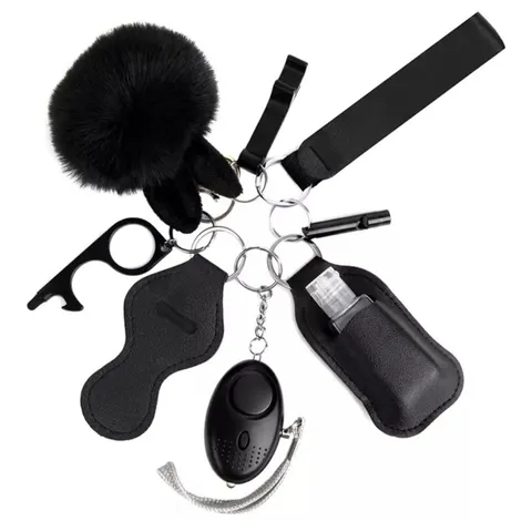 9 Pcs Gift Safety Keychain Full Set For Women, Personal Alarm Self Defense Black