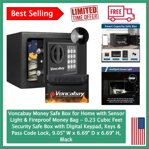Smart Money Safe Box with Sensor Light and Emergency Backup Keys - Black