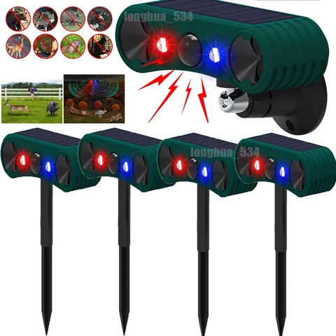 4PCS Solar Outdoor Motion Sensor Alarm 2*130db Ultrasonic Siren 4 Modes Flashing