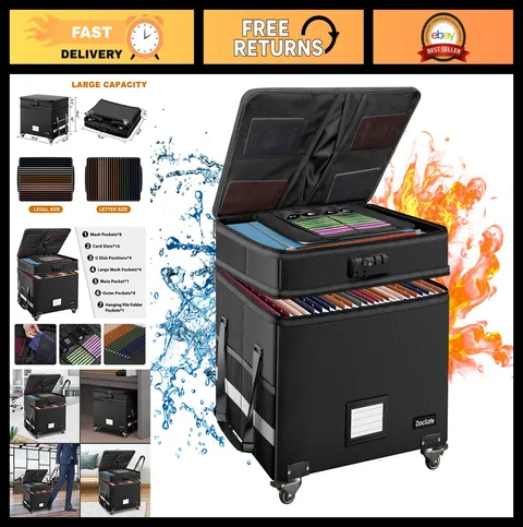 Fireproof Document Box with Lock, 2-Layer File Organizer on Wheels, Collapsible