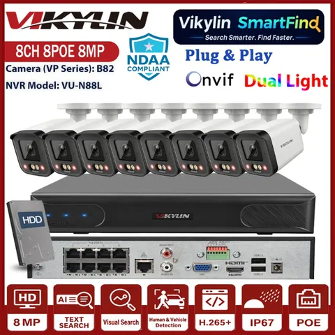 Vikylin SmartFind 8CH 8POE NVR 4K 8MP POE Dual Light Color IP Camera System Lot