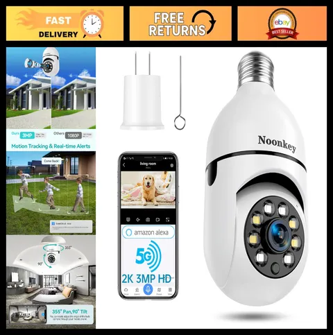 360° Light Bulb Security Camera, 2K/3MP WiFi, Color Night Vision, Motion Alert,