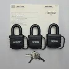 Lot Of 3 Fortress Same 3 Key Padlocks  Hardened Steel Laminated. Weather Resist