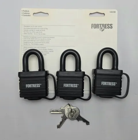 Lot Of 3 Fortress Same 3 Key Padlocks  Hardened Steel Laminated. Weather Resist
