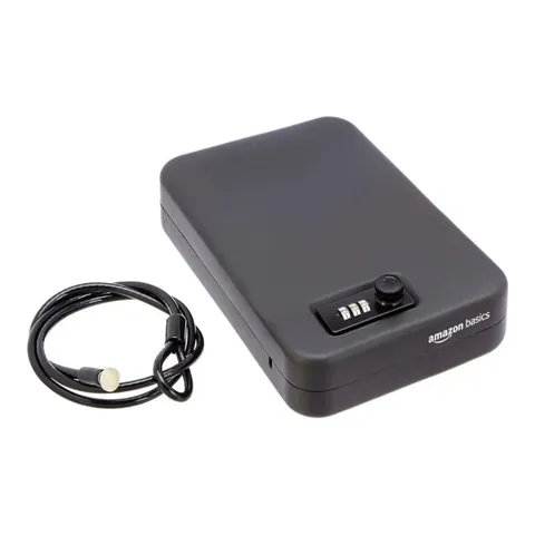 Amazon Basics Portable Large Matte Black Metal Lock Box Safe, Combo Lock & Cable