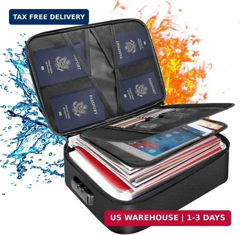 Document Bag with Lock, Fireproof File Storage Box, Black 3-Layer Zipper Safe