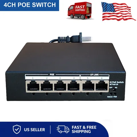 4CH 6Port POE Power Over Ethernet Switch Metal For IP Camera NVR System CCTV US