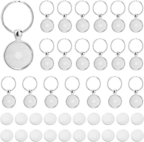 20 Sets Keychain Pendant Tray 20Mm/0.79" round Trays Platinum Alloy Cabochon Key