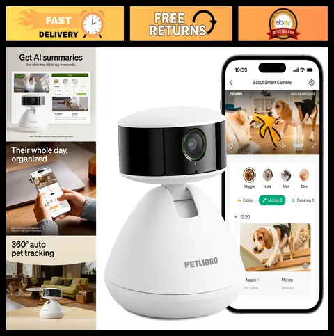 AI Pet Camera with 360° View, 1080P Night Vision, 2-Way Audio, Multi-Pet Recogni