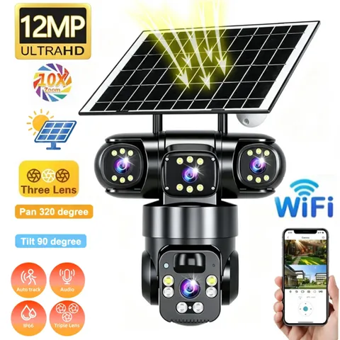3 Lens 12MP Solar Battery Home Security Camera Outdoor Wifi Wireless PTZ CCTV US