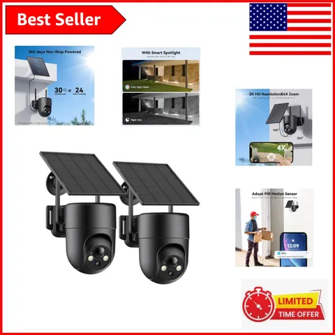 Astounding 2-Pack Solar-Powered Security Cameras, 2K Night Vision & Talk Feature