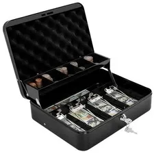 Steel Cash Box with Key Lock & Coin Tray, 11.8" x 9.5" x 3.5", KL Black, Durable