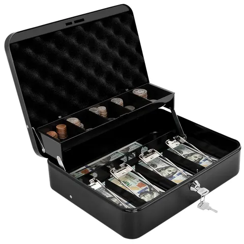 Steel Cash Box with Key Lock & Coin Tray, 11.8" x 9.5" x 3.5", KL Black, Durable