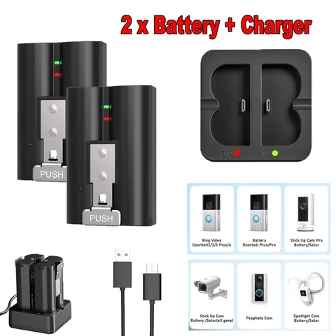 2 Pack 7200mAh V4 Battery with Charger Station for Ring Video Doorbell 2/3/4