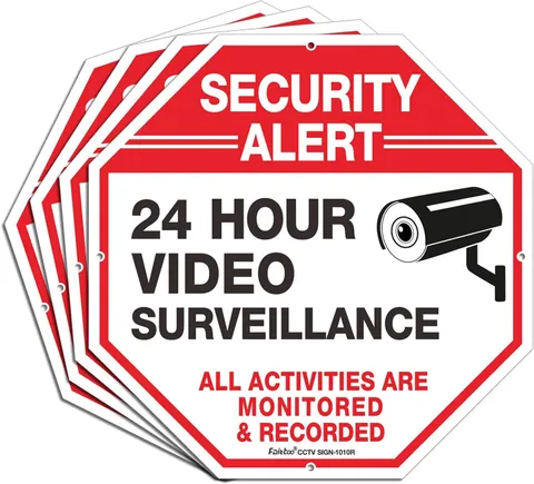 (4 Pack) "Security Alert, 24 Hour Video Surveillance, All Activities Monitored"