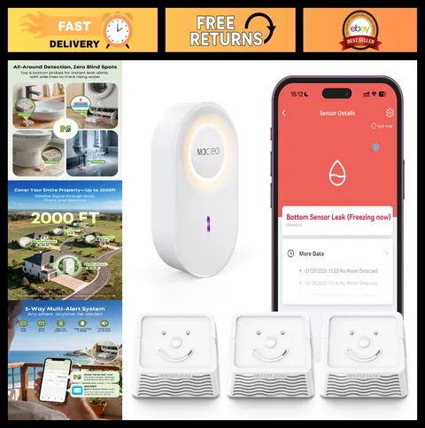 Long-Range WiFi Water Leak Detector Kit, 2000ft, SMS Alerts, 105dB Alarm, 5-Year