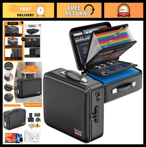 Fireproof Document Box with Lock & Accordion File Folder - Secure Storage Case