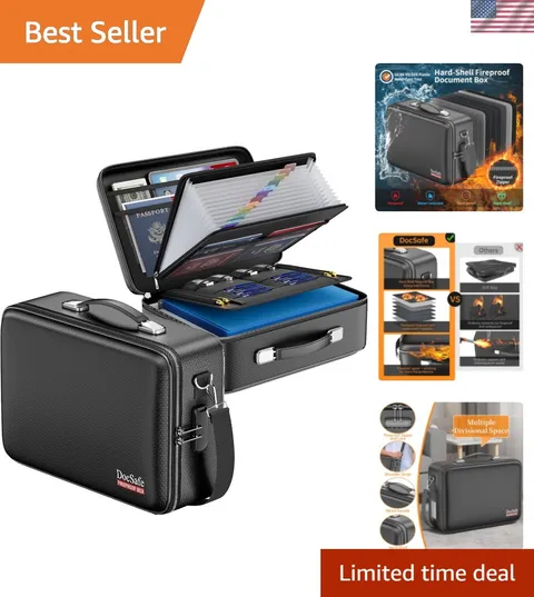 Fireproof Document Box with Lock＆Shoulder Strap, Hard-Shell Case File Organiz...