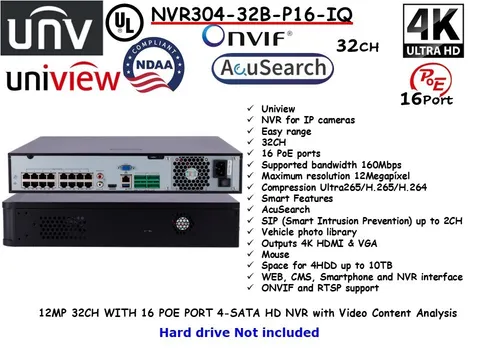 UNV Uniview NVR304-32B-P16-IQ 32CH/ 16 POE PORT 4-SATA HD NVR with IA