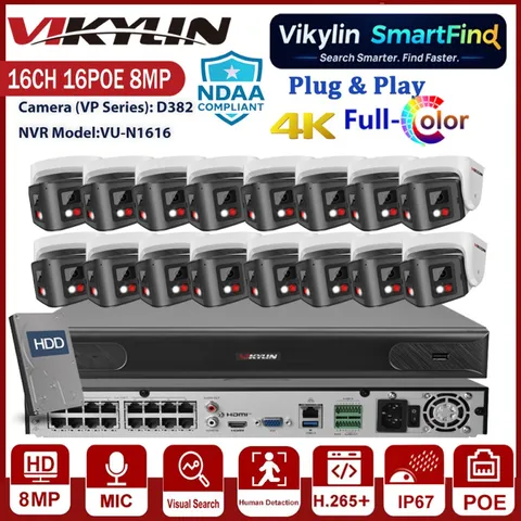 Vikylin SmartFind 16CH 16POE NVR 8MP Dual Lens Dual Light CCTV Camera System Lot