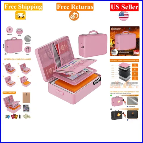 Pink Fireproof Document Organizer 5200°F, Waterproof, Lockable, Portable